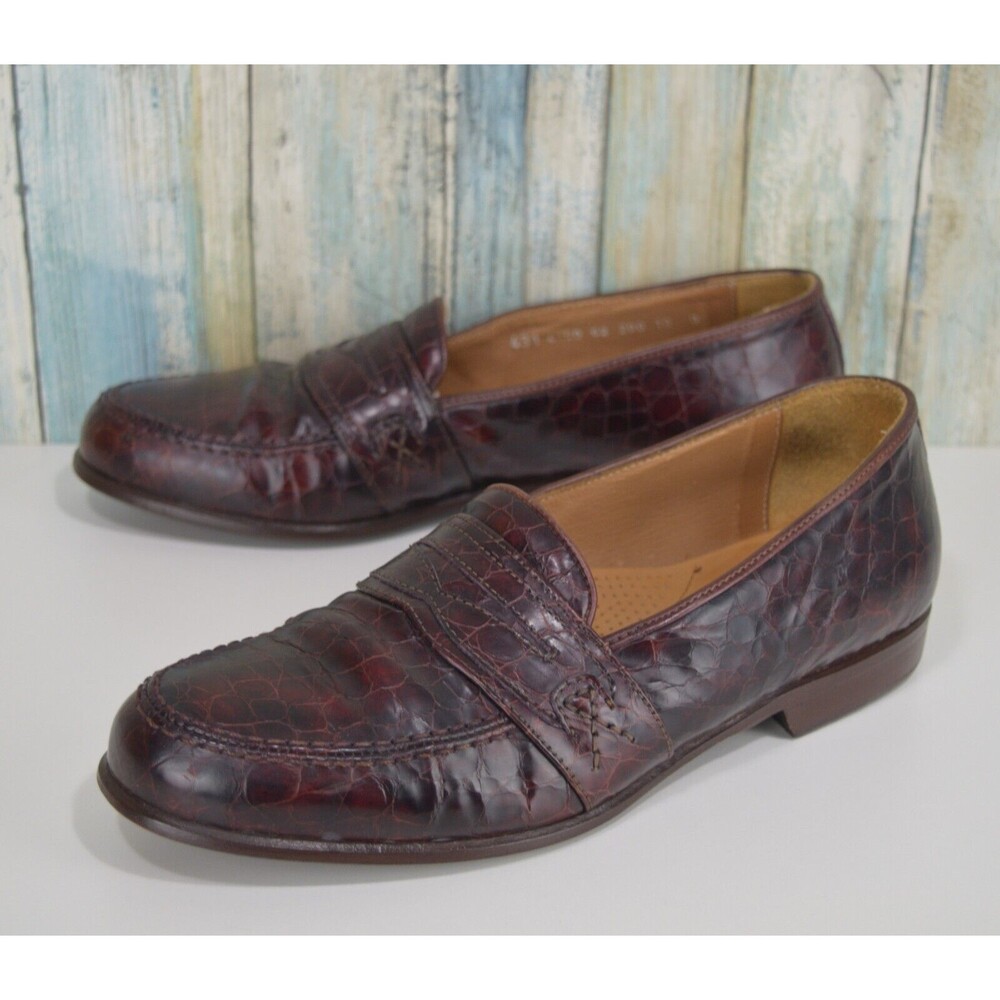 Cable & Co Men's Size 10 Brown Croc Embossed Burgundy Penny Loafer Dress Shoes